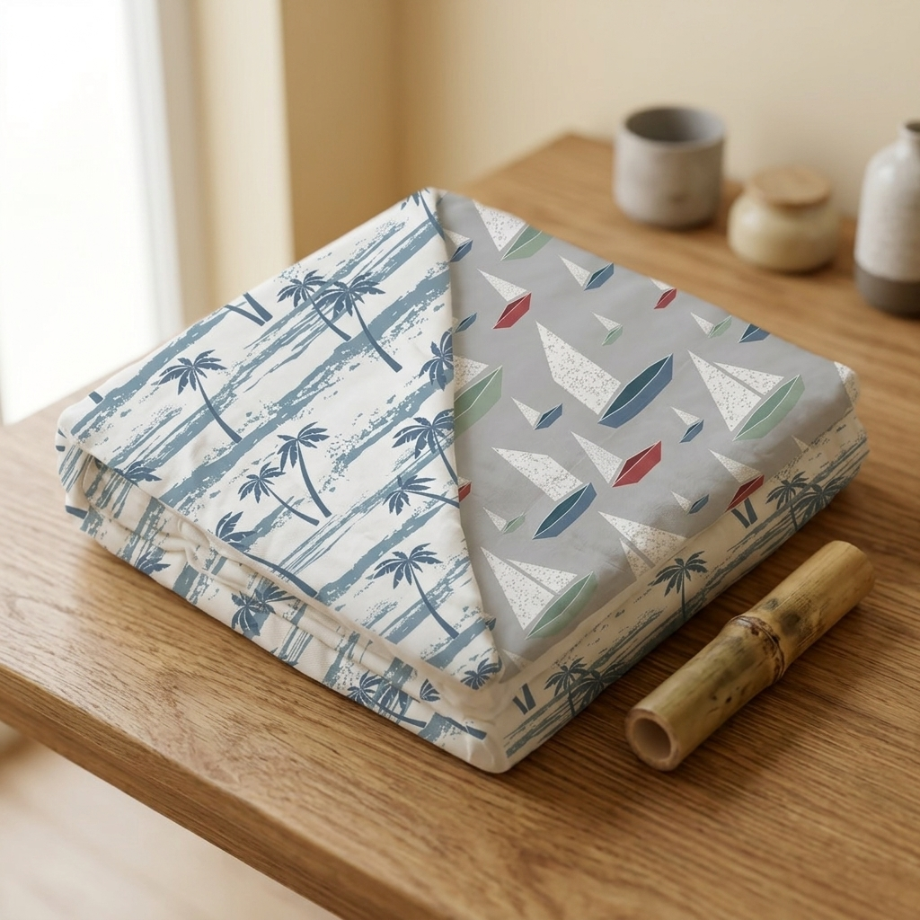 Ocean Palm Trees and Marina Sailboats Bamboo Newcastle Blanket - Material Story