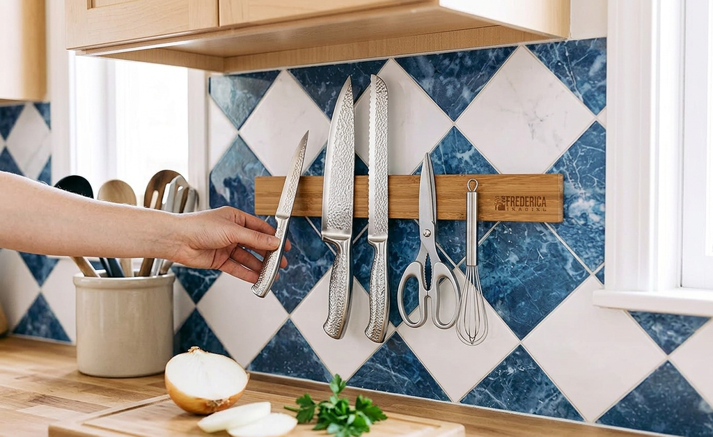 Bamboo Magnetic Knife Strip Holder - For Knives, Utensils, Cutlery, - In-Use