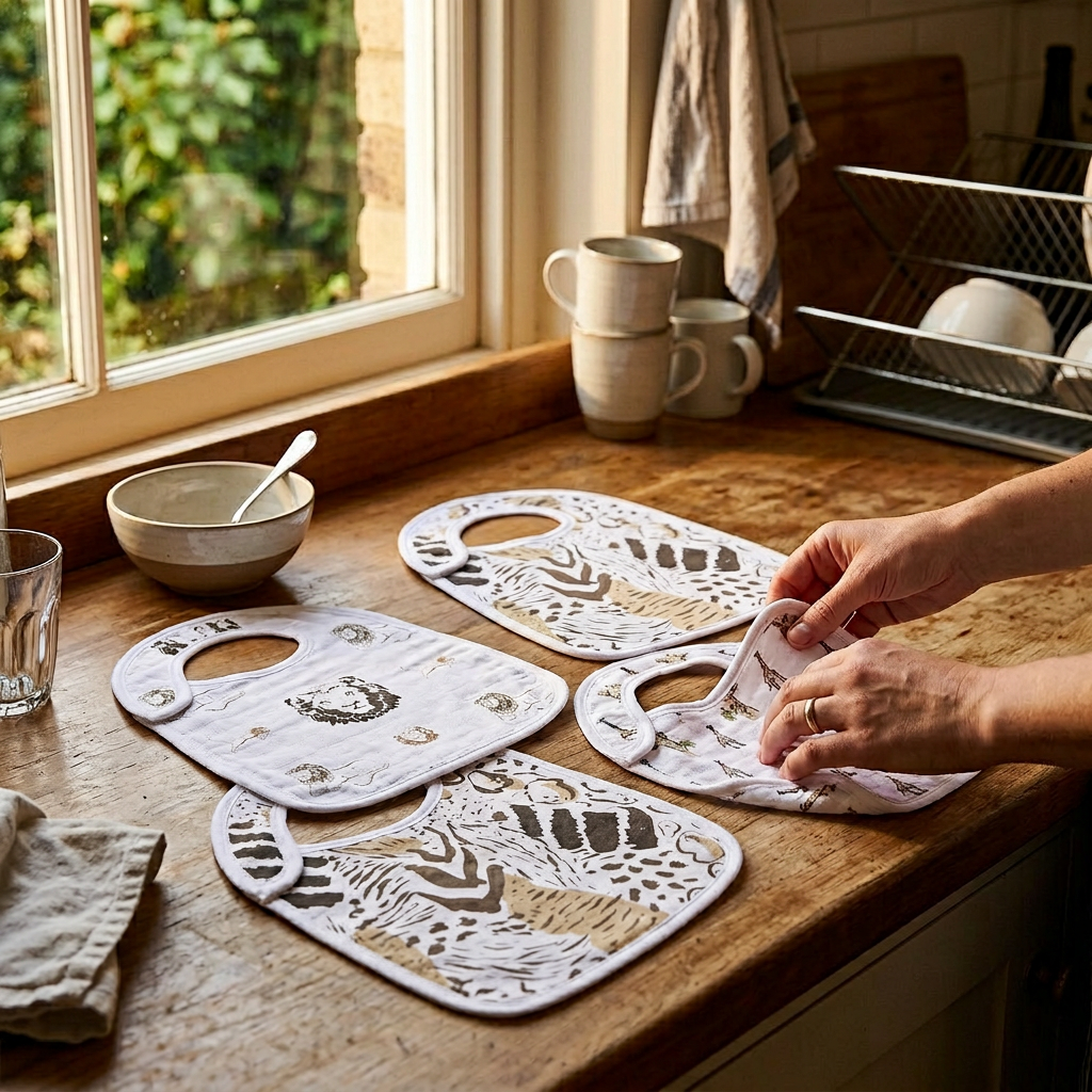 On The Savannah Bamboo Muslin Snap Bibs 3PK - In-Use