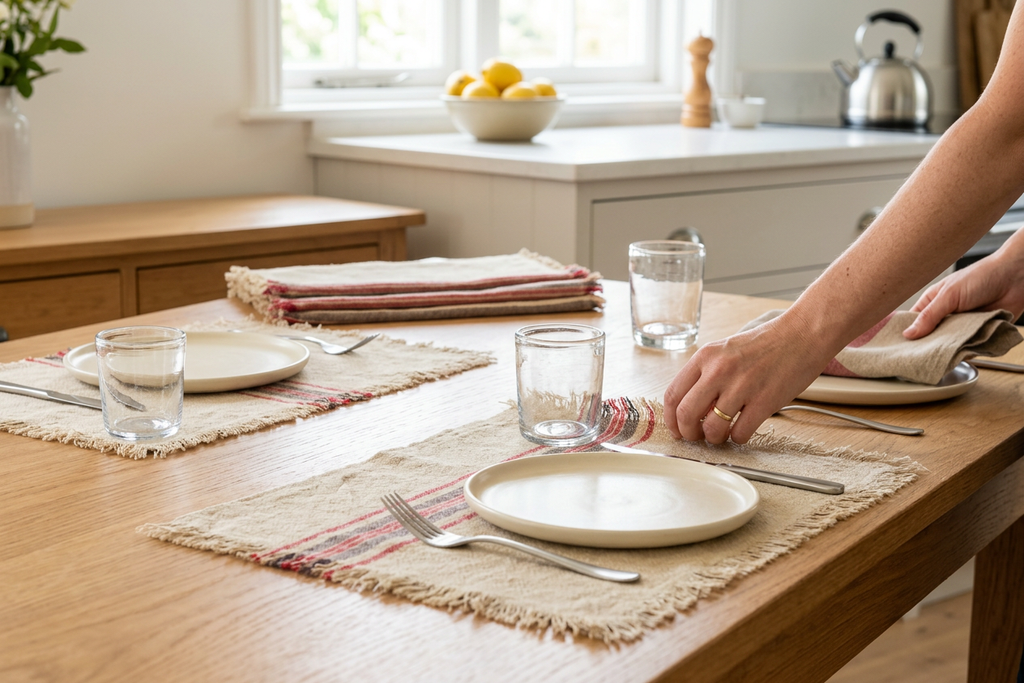 XD15008 Natural Linen Stripe Placemats, 14"x20", Set of 4 - In-Use