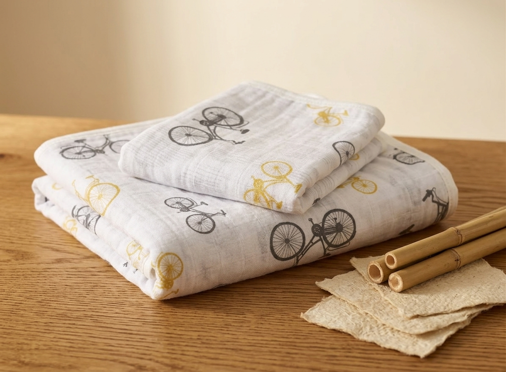 Vintage Bicycle Bamboo Muslin Hooded Towel and Washcloth Set - Material Story