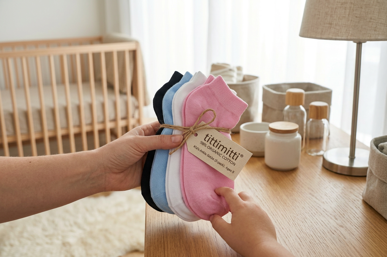 tittimitti® 98% ORGANIC COTTON Kid's Ankle Socks (5-pack). Ages 5 - In-Use