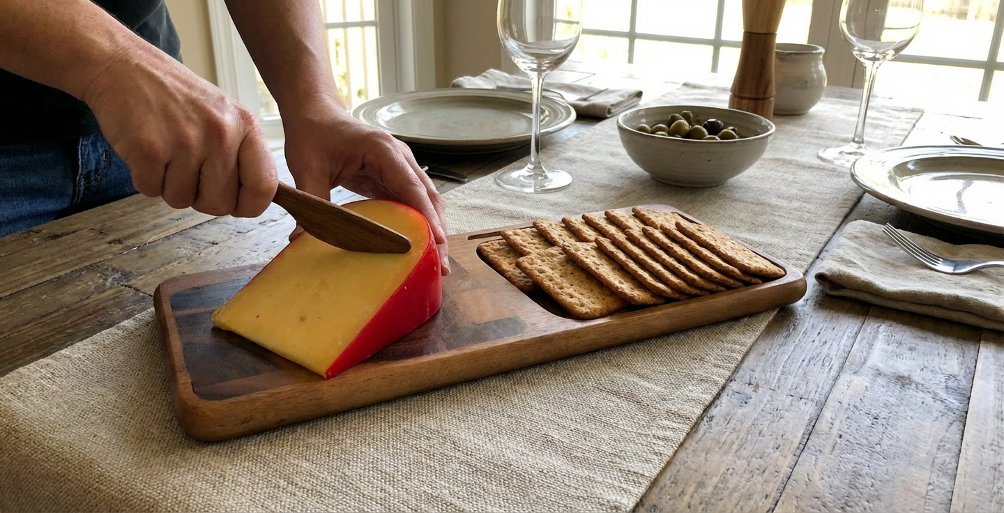 End Grain Cheese Board with Knife - In-Use