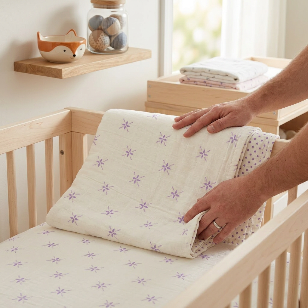 Lavender Flower and White Bamboo Muslin Newcastle Blanket - In-Use