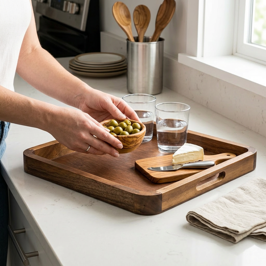 Acacia Wood Square Serving Tray  14" x 14" - In-Use