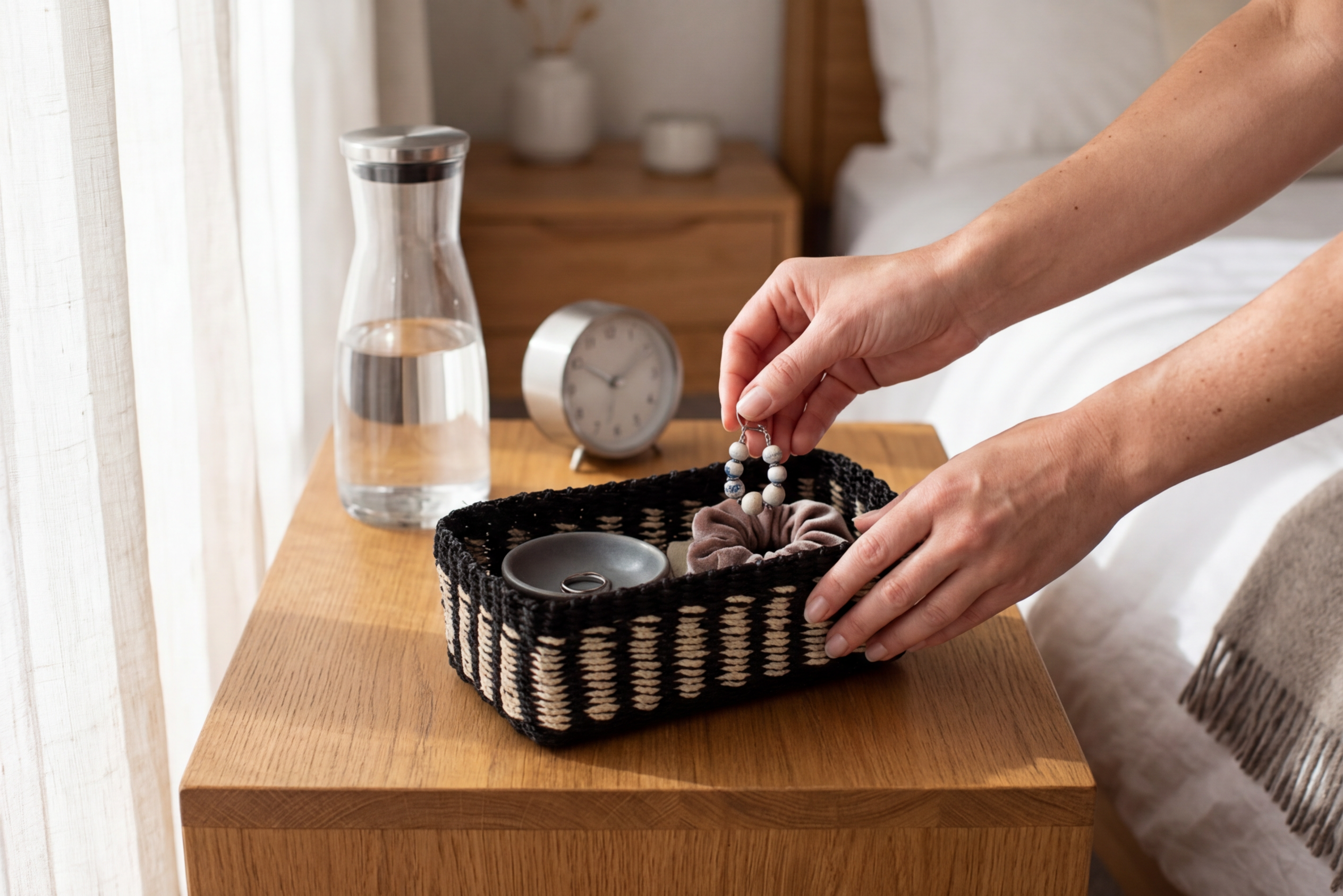 Seagrass Storage Woven Tray | Black + White band - In-Use
