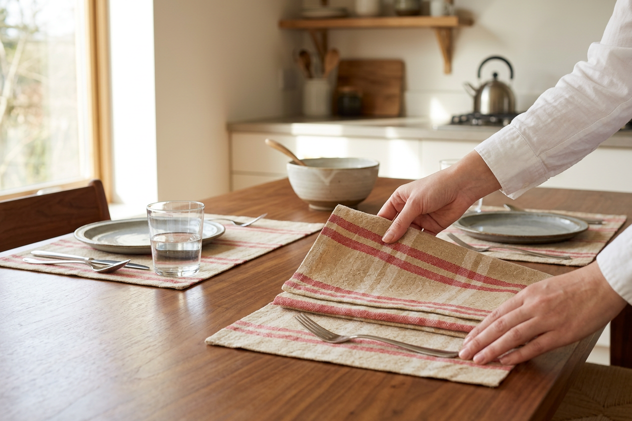 XD15012 Natural Linen Check Placemats, 14"x20", Set of 4 - In-Use