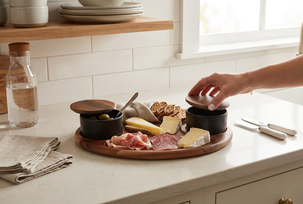 Charcuterie/ Serving Tray w/ 2 black ceramic bowls w/ lids  12" x 15" - In-Use
