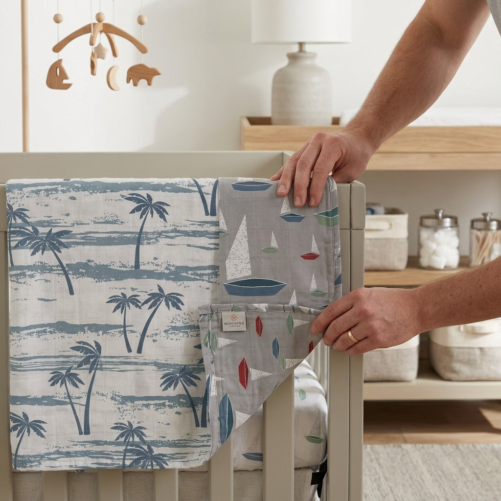 Ocean Palm Trees and Marina Sailboats Bamboo Newcastle Blanket - In-Use