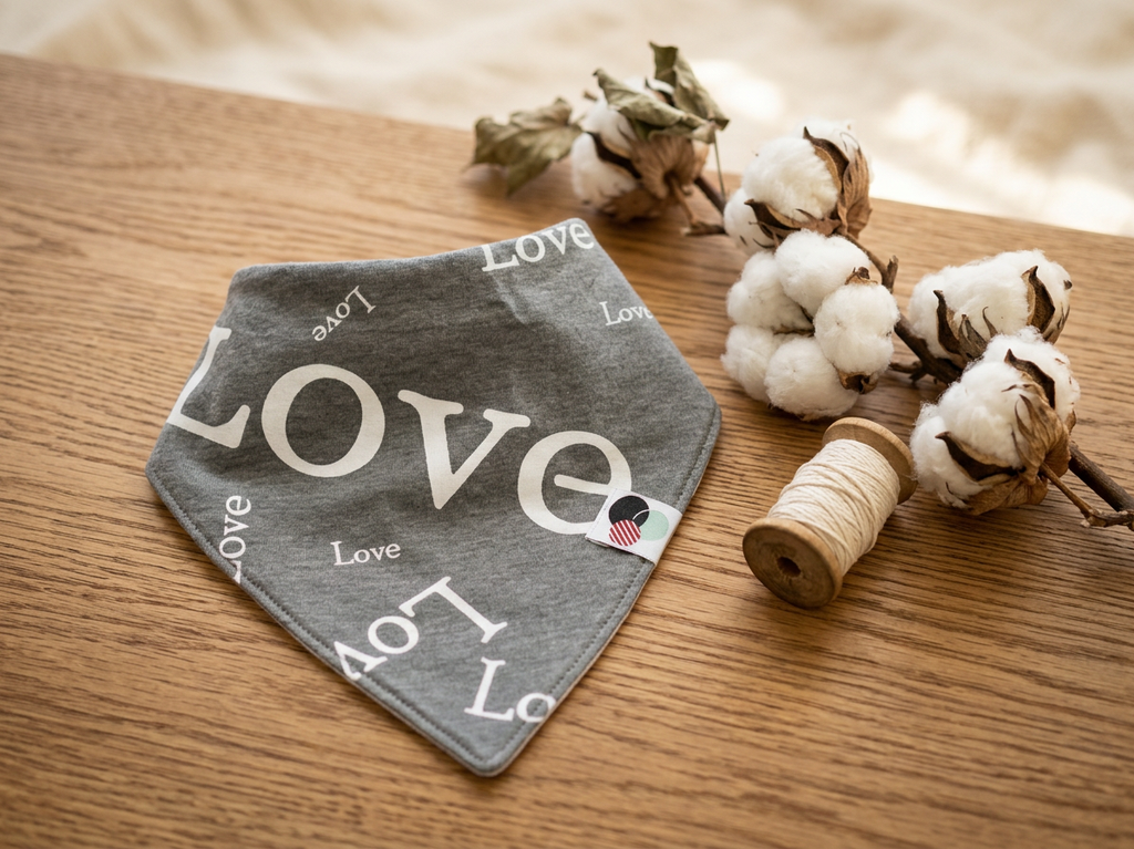 LOVE TEXT | Premium Plus Baby Bandana Bib (organic cotton) - Material Story