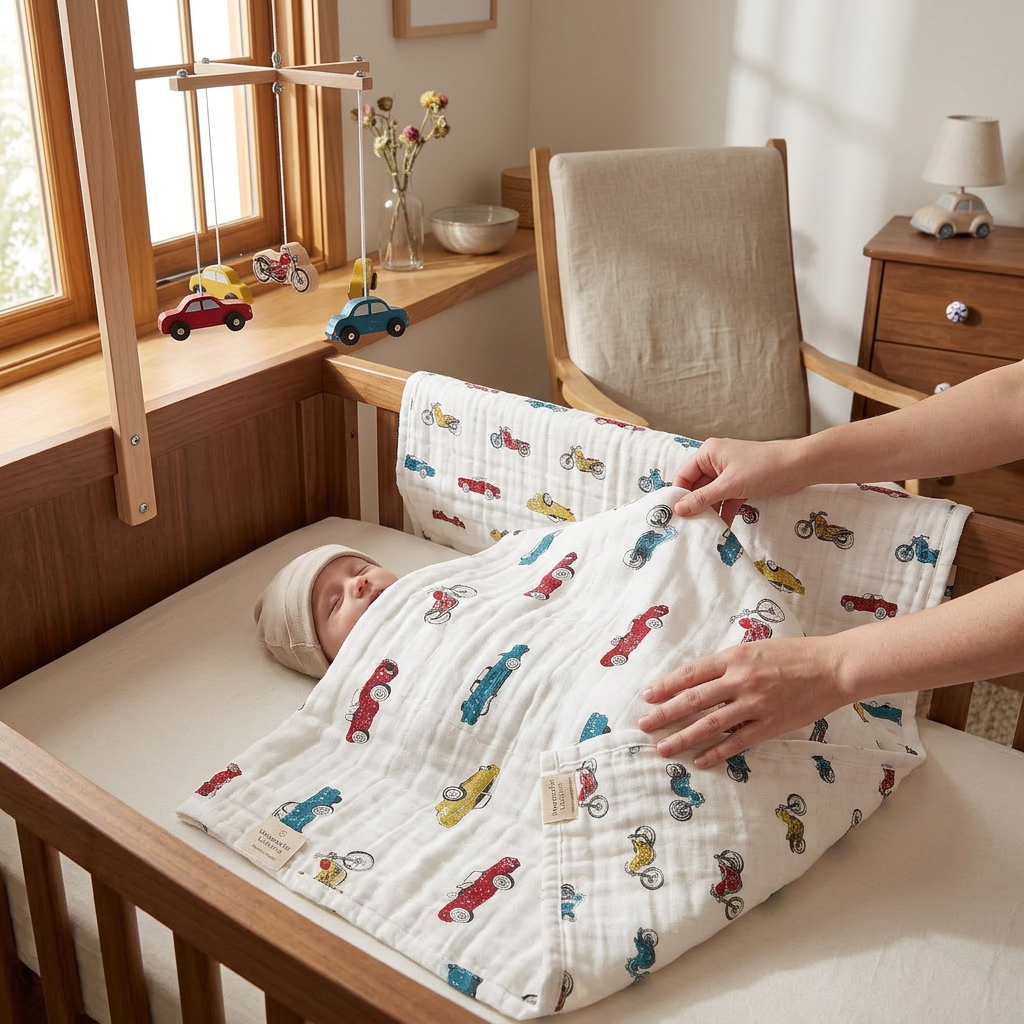Vintage Muscle Cars and Motorcycles Bamboo Muslin Newcastle Blanket - In-Use