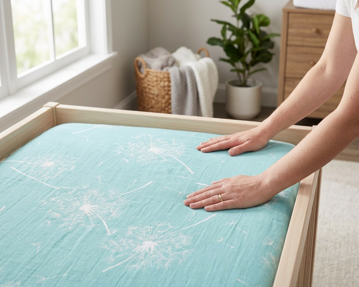Dandelion Seeds Bamboo Muslin Crib Sheet - In-Use
