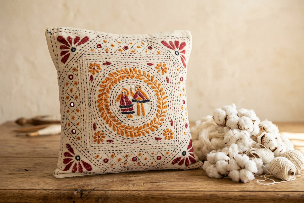 Hand Embroidered Artisanal Decorative Mirror Pillow - Material Story