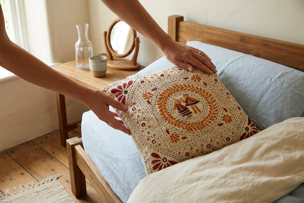 Hand Embroidered Artisanal Decorative Mirror Pillow - In-Use