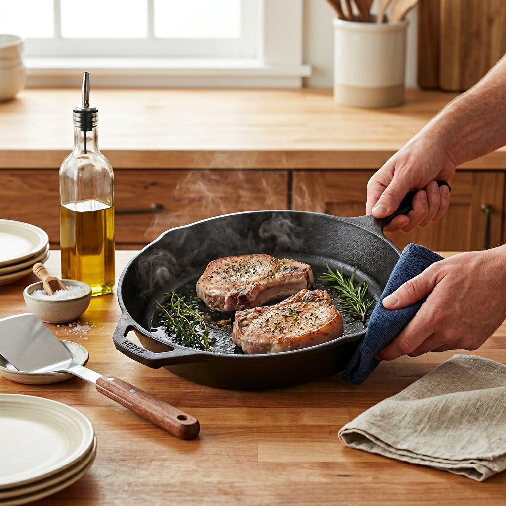 12-inch Cast Iron Skillet Frying Pan with Pour Spout - Made in the USA - In-Use