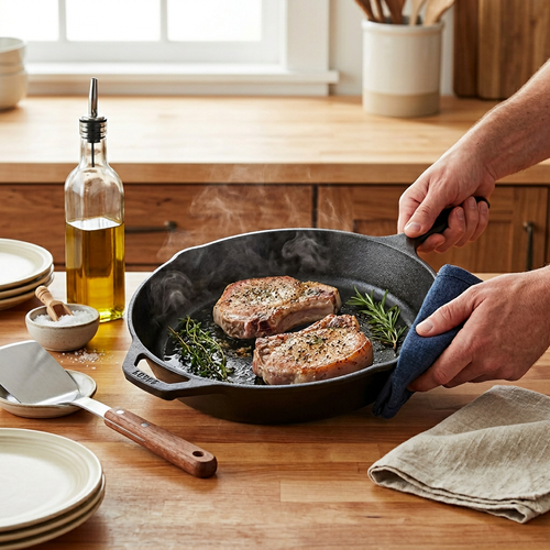 12-inch Cast Iron Skillet Frying Pan with Pour Spout - Made in the USA - In-Use