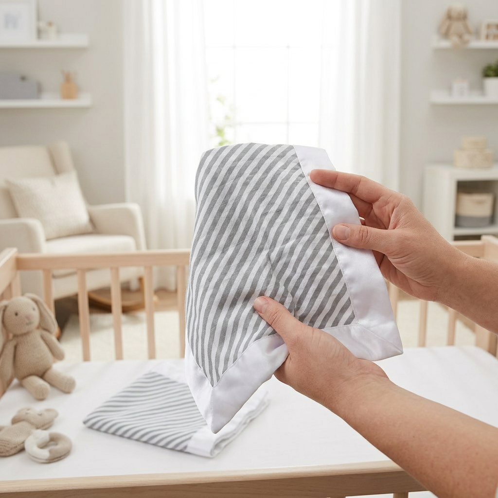 Finley Stripe Bamboo Muslin Security Baby Blankie - In-Use